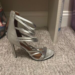 Silver High Heeled Sandals with Strappy Design and Stiletto Heel